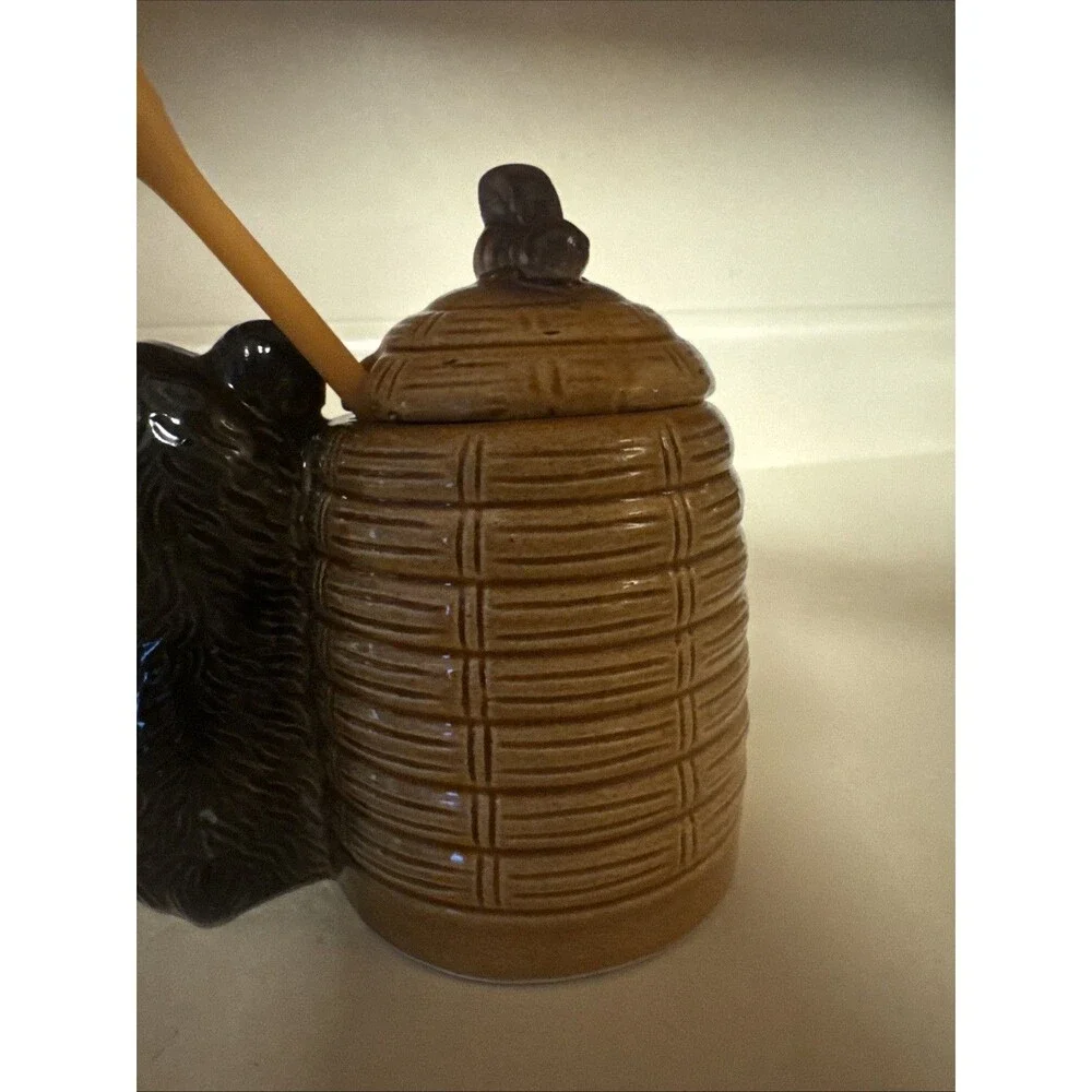 Honey Pot Bear & Bee Hive Armbee Japan with stir stick Vtg Retro Kitchen Decor